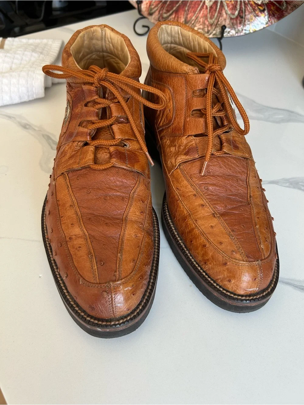 Mexico Cuadra Men's Tan Ostrich Leather Lace-Up Casual Boots. Size 7